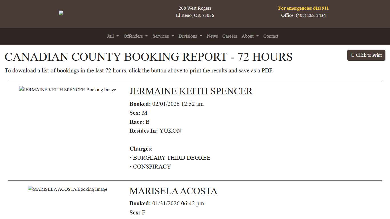 72 Hour Booking Report Canadian County Sheriff's Office