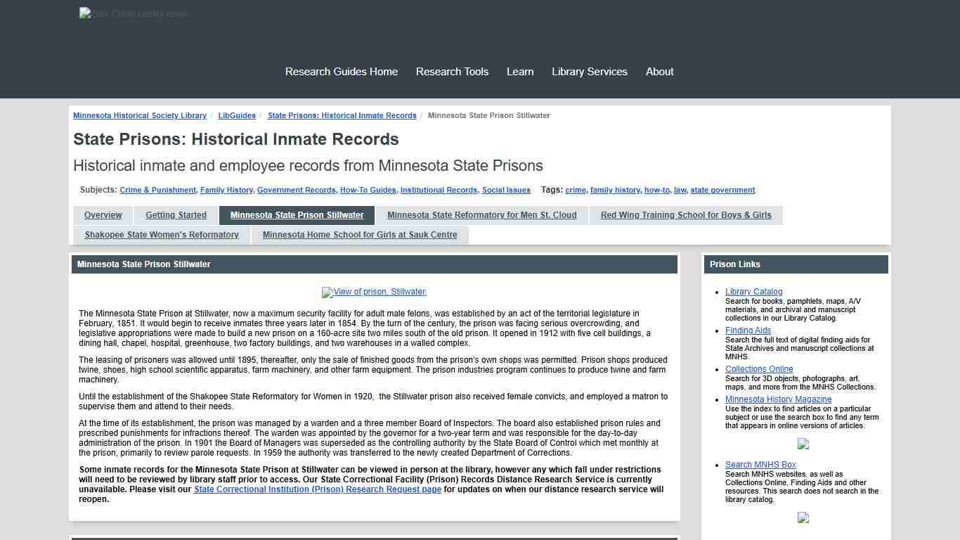 Minnesota State Prison Stillwater - State Prisons: Historical Inmate Records - LibGuides at Minnesota Historical Society Library